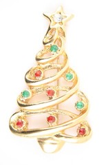 Cute Vintage Gold Tone Christmas Tree Brooch Pin Red Green Ornament Rhinestone