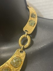 Vintage Large Gold Tone Modernist Necklace W Green Stone Accents Hammered