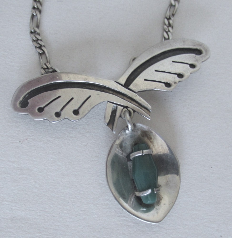 VINTAGE MEXICO STERLING NECKLACE PENDANT BROOCH w CHRYSOPRASE, 2 1/4 INCH PENDT