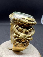 Rare Old Bronze Ring Carved Green Stone Animal Motif Antique Size 9 US
