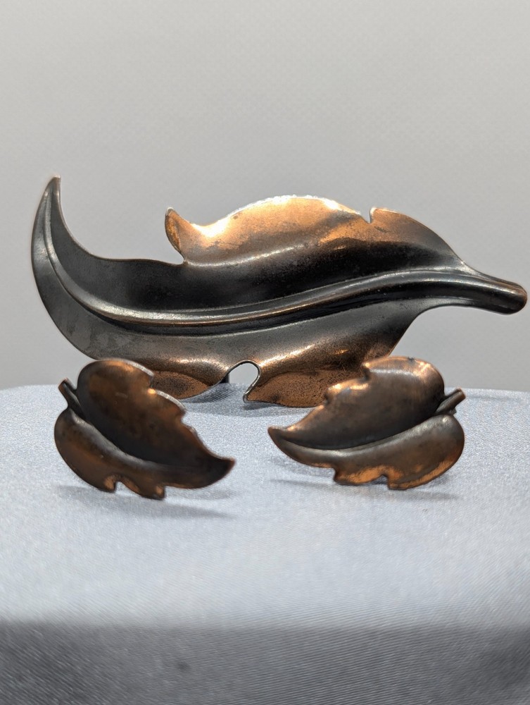 Renoir Brooch Pin and Earrings (1940’s c. leaf motif)