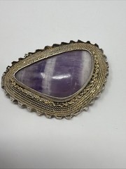 ISRAEL 935 Sterling Silver Gold Tone Vintage Amethyst Brooch Pin Pendant