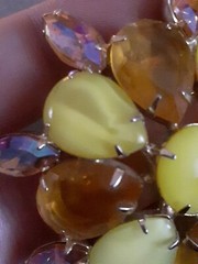 Vintage Yellow Molded Glass & Amber Rhinestone Brooch w/Aurora borealis beads