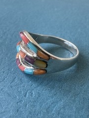 ANTIQUE 1920’s SIGNED FK ZUNI INDIAN .925 STERLING SILVER MULTI STONE INLAY RING