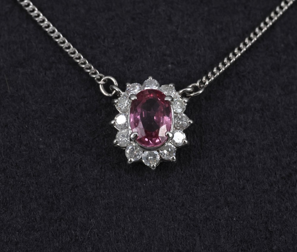 Rare 0.60ct Padparadscha Pink Sapphire 0.23ct Diamond 16 Inch Platinum Necklace