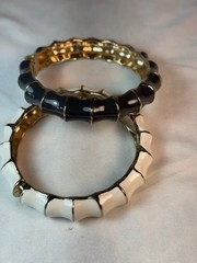 Vintage Black White Enamel Faux Bamboo Hinge Bangle Bracelet Set Gold Tone Pair