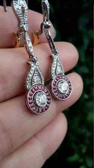 Art Deco Style Lab Created Diamond & Ruby Wedding 14K White Gold Finish Earrings
