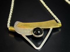 Signed Modernist Mixed Metal 925 Geometric Necklace Onyx Cabochon Pendant 21.1g