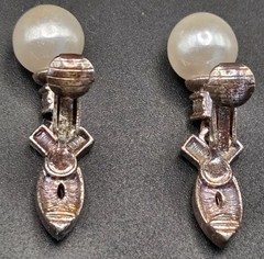 Elegant Vintage Rhinestone Navette Faux Pearl Drop Earrings 1950s-1970s