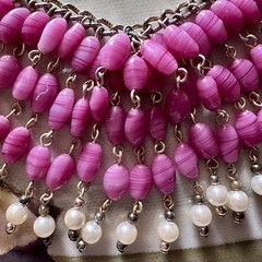 Vintage Pink Art Glass Faux Pearl Fringe Bib Statement Necklace Dramatic Runway