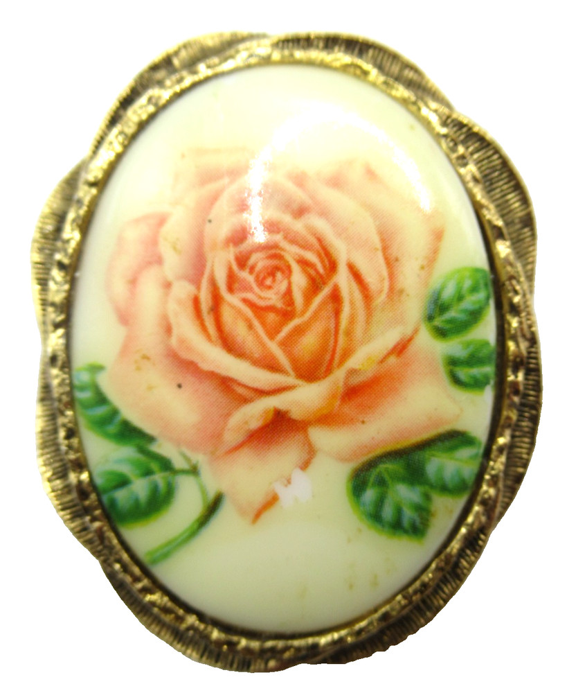 Rose Flower Pink and Green Porcelain Brooch Pin Pendant Vintage