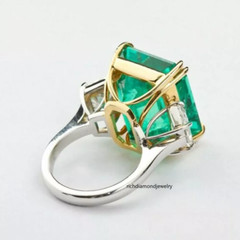Transparent Green Emerald Cut 4.2CT Emerald & Two Fancy Diamond Three Stone Ring