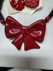 Vtg Flying Colors Red Bow Matching Earrings Ornaments Necklace ND