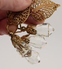 Antique Vintage Gilt Filigree Brooch Cut Crystal Drop European Design Statement