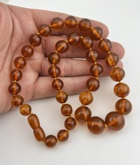 Old Chinese Natural Honey Cognac Amber 9mm-15mm Bead Knotted Necklace 18″ -30.9g