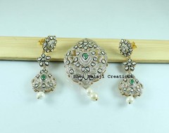 Natural RoseCut Diamond Pearl 925 Sterling Silver Pendant Earrings Jewelry Set