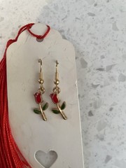 Vintage Tulip Rose Drop Earrings with Red and Green Enamel