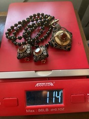 Vtg PATRICE Brass Carnelian Onyx Double Strand Bead Pendant Necklace Earring Set