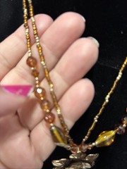 Vintage Cookie Lee Necklace Bronze Flower Double Strand Pendant signed 16” Adjus