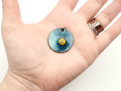 Vintage Colorful Enamel on Copper Double Sided Floral Blue Teal 1970s Pendant