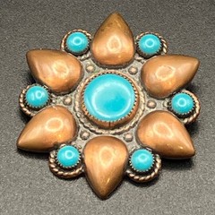 Vintage Bell Trading Post Copper Brooch Flower With Blue Lucite Floral Sunburst