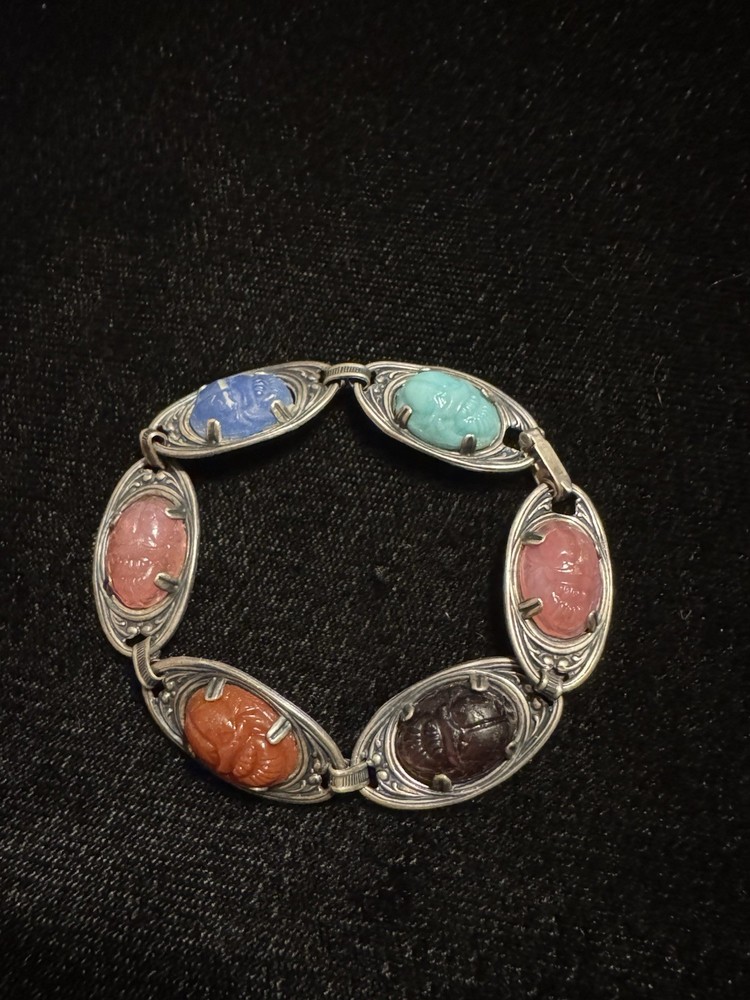 Vintage Glass Scarab Sterling Silver Egyptian Revival Style 6.5” Bracelet