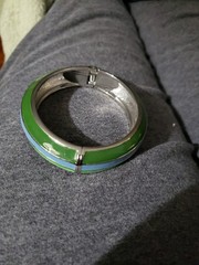Vintage Blue Green Stripe Enamel Silver Tone Clamp Cuff Bangle Bracelet Clip On