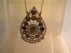 Large Vintage Silver/Bi Metal Gemstone Pendant Chain Necklace India Filigree 5″