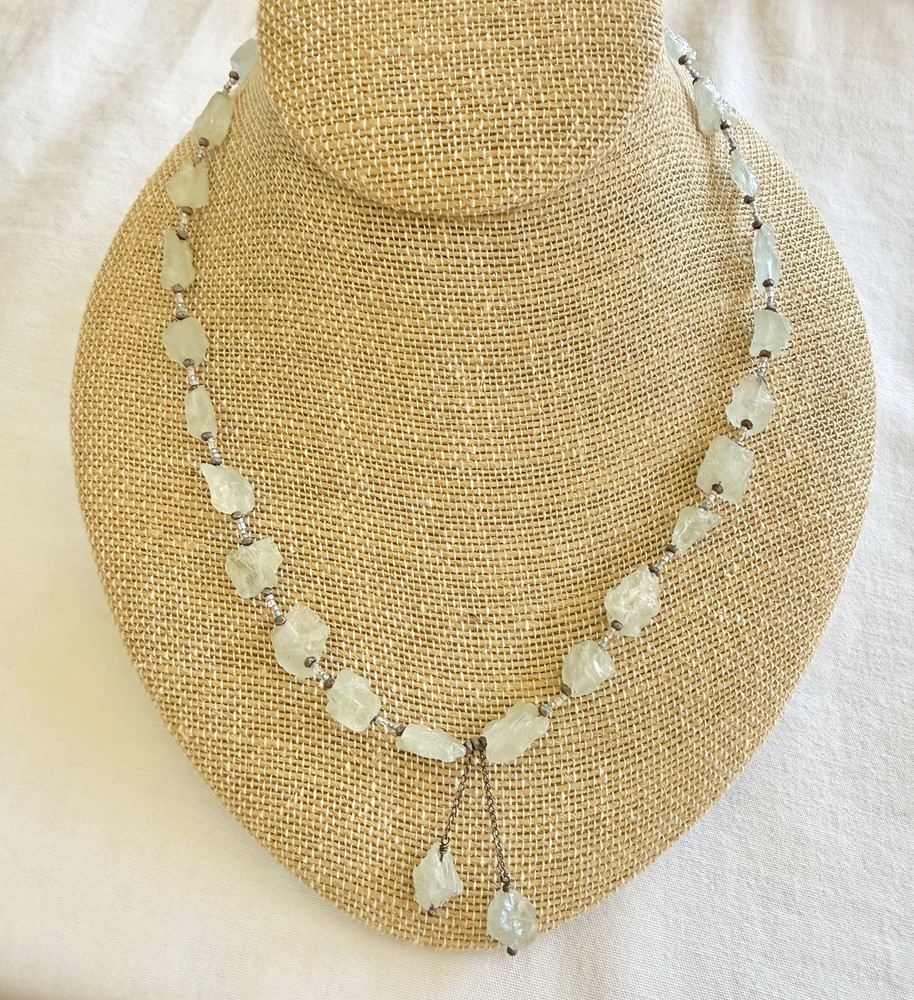 Vintage Natural Prehnite Gemstone Necklace Signed Chipita 18 Inch Plus Drop