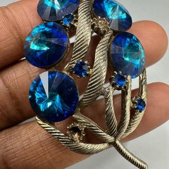 Vintage Watermelon Peacock Rivoli Rhinestone Brooch Silver Tone Blue Statement
