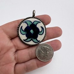 Vintage Blue Flower Ceramic Pottery Tile Round Silvertone Framed Pendant