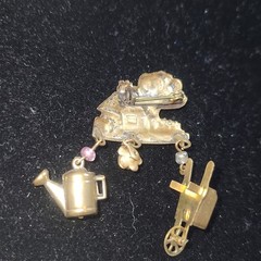 Vintage Cottage Garden Brooch with Wheelbarrow Rose Watering Can Charms