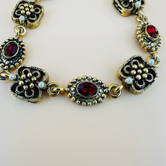 Vintage Victorian Revival Bracelet Red Rhinestone Gold Tone Faux Seed Pearl 6.2″