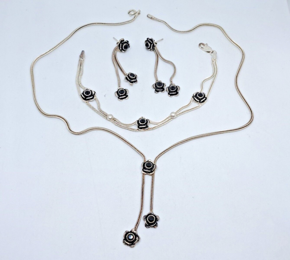 Vintage Set Necklace, Stud Earrings and Bracelet 925 Black Rose Ideal Gift