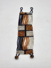 Black, Silver & Gold Woven Seed Bead Bracelet Geometric Pattern 7″
