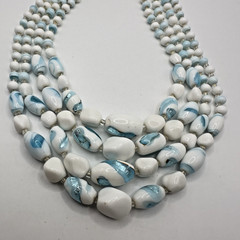 Vintage Multi 4 Strand Necklace Blue White Art Glass Beaded 17″ Choker Bib Japan