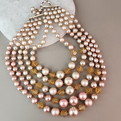 Vintage Faux Pearl Beaded Necklace Cream Pink Acrylic AB Yellow Glass Japan 16″