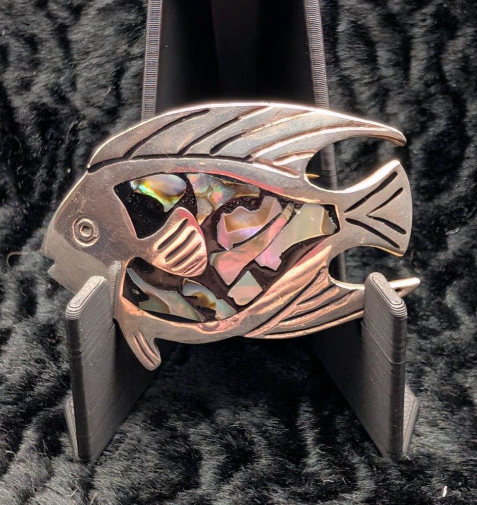 Vintage Mexican Sterling Silver Fish Brooch With Abalone Inlay – Signed