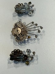 Vintage 1950s Floral Enamel Brooch & Clip-On Earrings Set Pastel Blue Cabochon