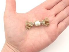 Vintage 1928 Gold Tone Faux Pearl Pink Rhinestone Lattice Lace Bow Brooch Pin