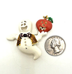 Vintage Halloween Ghost Brooch Enamel Pumpkin Jack O Lantern Statement Pin 2×2″