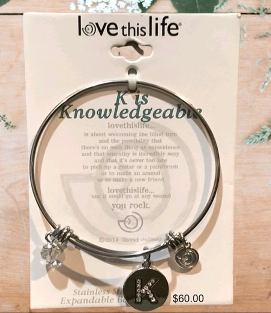 VTG Y2K Love This Life Expandable Rhinestone Initial “K” Charm Bracelet – NEW