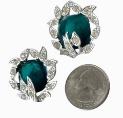 Vtg Sarah Coventry Holiday Ice Earrings Emerald Green Rhinestone Clip-On 1960s