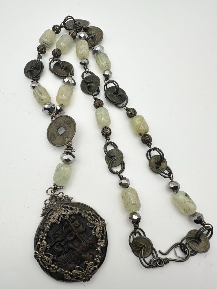 Vintage Natural prehnite Carved sailboat Pendant Necklace 24”