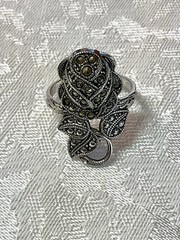 C&C Rhodium Electroplate Clark & Coombs Art Deco Marcasite Rose Flower Ring VTG