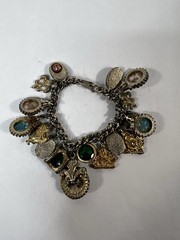 Vtg 1950s 60s Chunky Gold Tone Charm Bracelet French Fleur De Lis Faux Gemstones