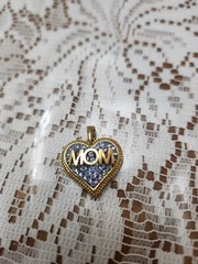 JCM Gold Tone MOM Heart Necklace Pendant with Blue Faux Rhinestones. No Chain