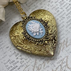 Gold Heart Locket Photo Birthday Anniversary Wedding Blue Rose Cameo Necklace