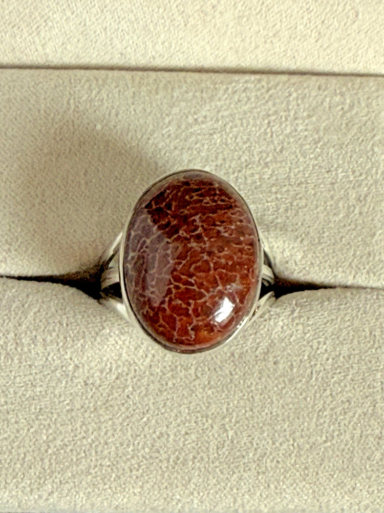 Vintage 925 Sterling Silver Fossil Bone Statement Ring Size 6.5 Oval