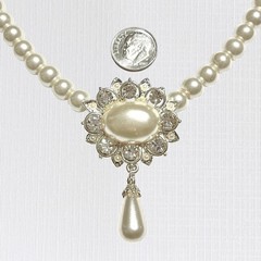VTG Rhinestone Flower Pendant Necklace Imitation Pearl Beads Collar Bridal 16.5″